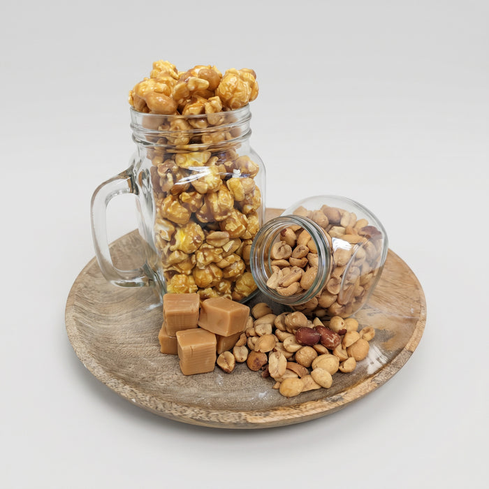 Caramel Peanut The Popcorn Loft caramel peanut popcorn snack cups with salted butter and peanuts in glass jars