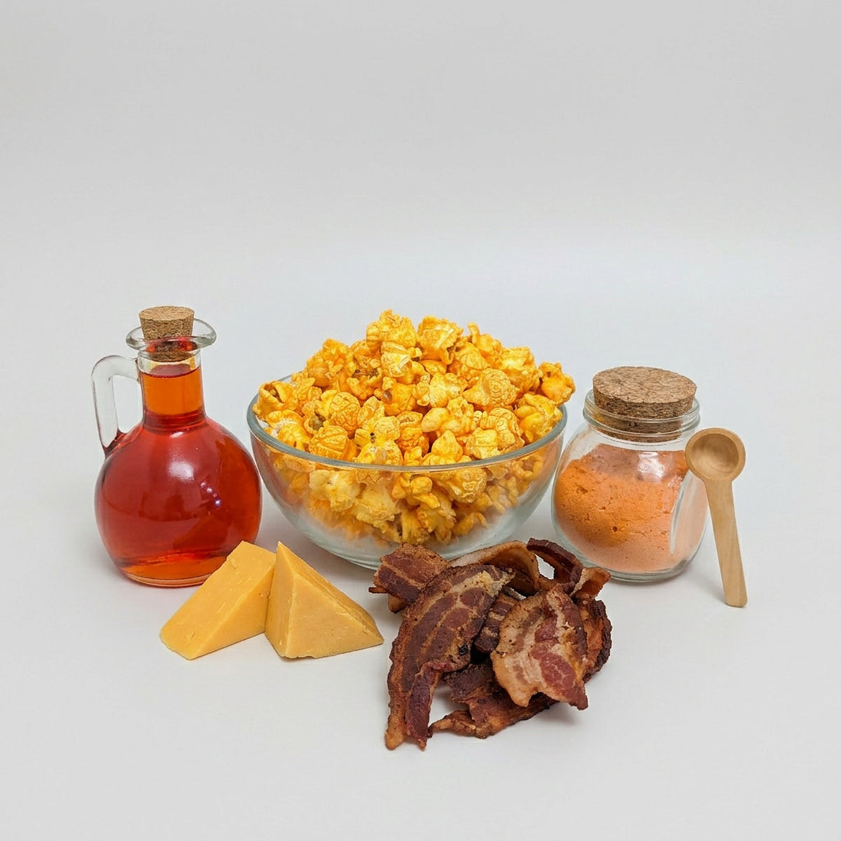 Clear bowl of popcorn with a bottle of syrup, cheese slices, bacon pieces, and a jar of seasoning on a light gray background.