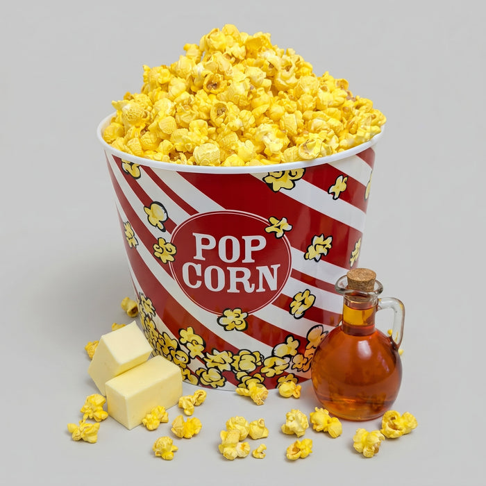 Red and white striped popcorn bucket with yellow popcorn, butter, and syrup on a gray background