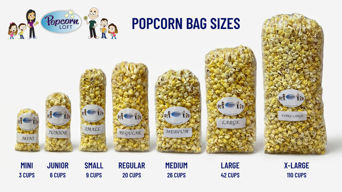 Popcorn bag sizes shown in clear plastic bags, labeled Mini, Junior, Small, Regular, Medium, Large, and X-Large
