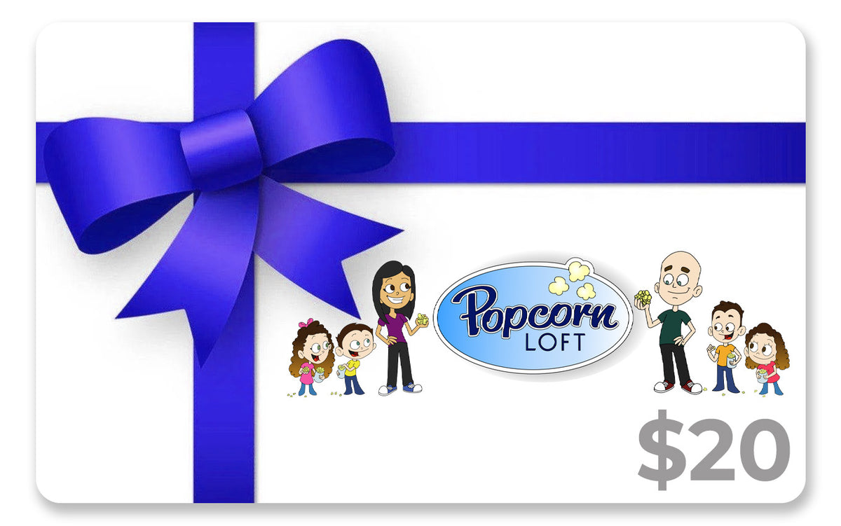 Blue gift card with ribbon bow, cartoon characters, and the text Pepcorn Loft and Gift Card