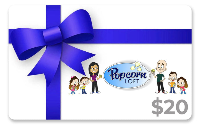 Blue gift card with ribbon bow, cartoon characters, and the text Pepcorn Loft and Gift Card