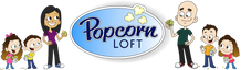 Cartoon children and a teacher stand around a large oval sign reading Popcorn Loft with popcorn kernels and smiles