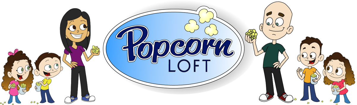 Cartoon children and a teacher stand around a large oval sign reading Popcorn Loft with popcorn kernels and smiles