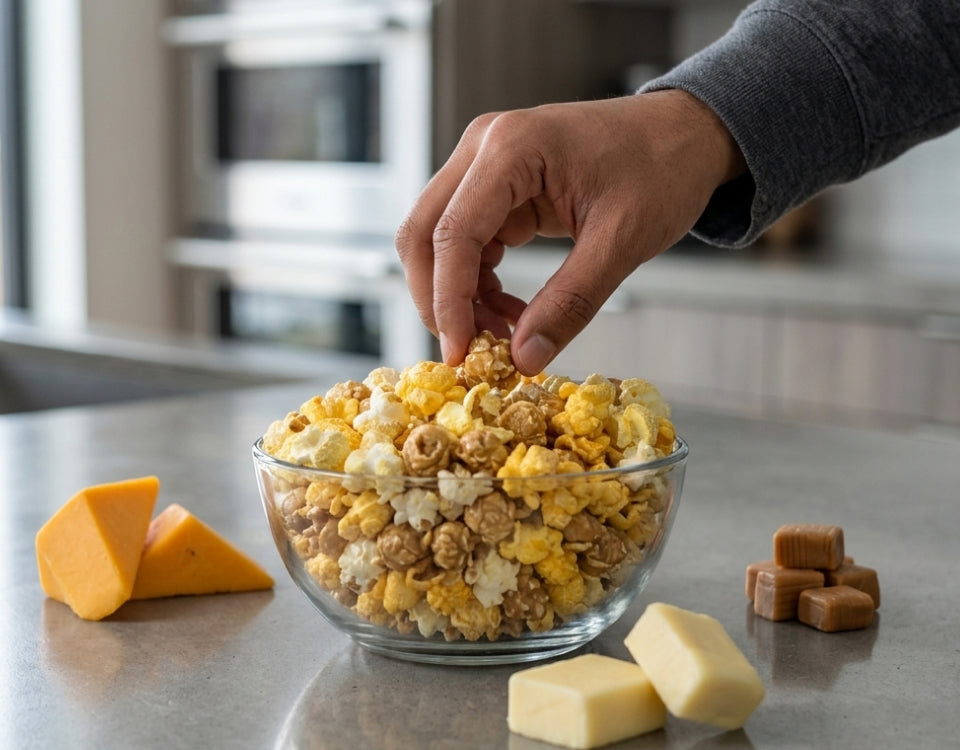 Hand reaching into a bowl of popcorn with cheese and caramel pieces on a kitchen counter.